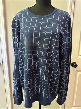 Salvatore Ferragamo Navy Blue Grid Crewneck Sweater